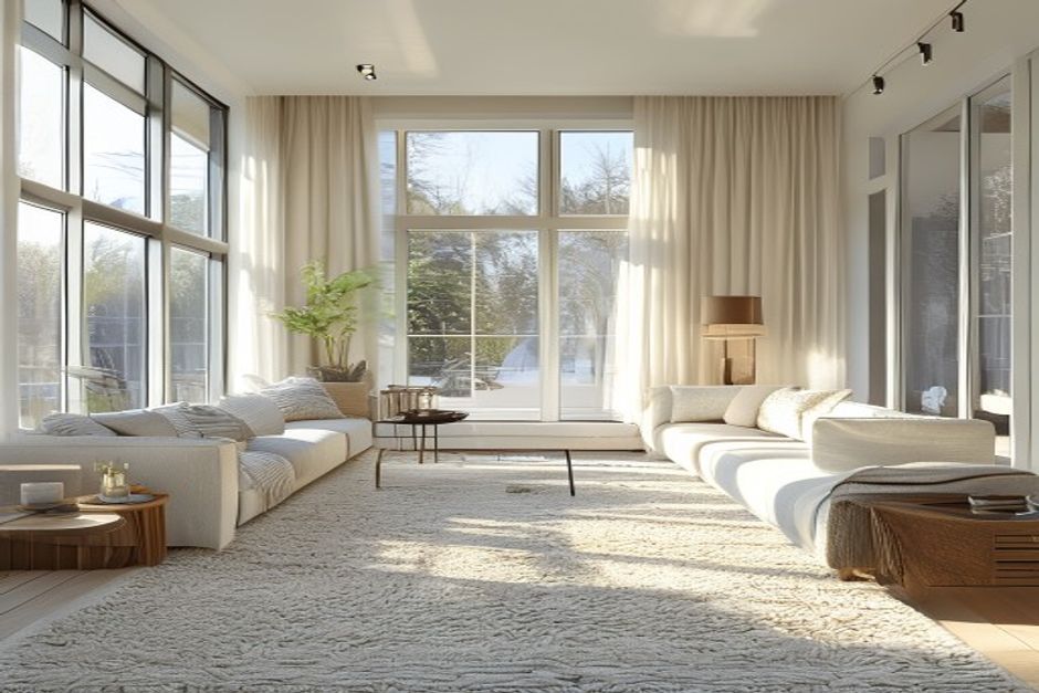 A bright, immaculately clean modern home interior with fresh carpet