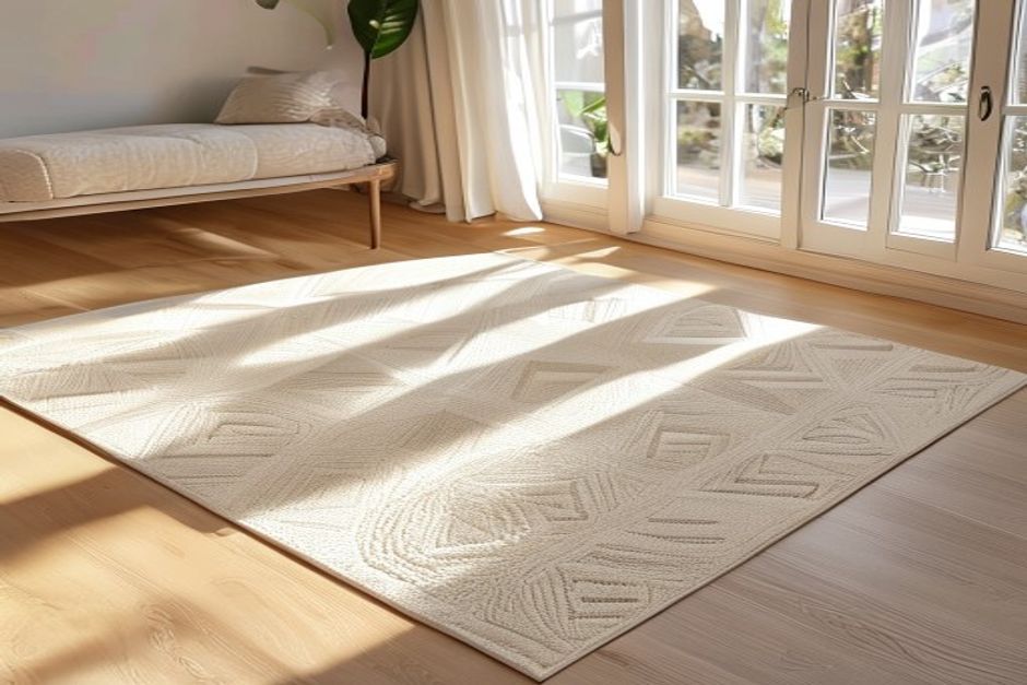A clean modern area rug on a warm hardwood floor