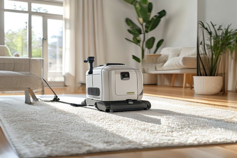A professional carpet cleaning machine leaving a clean stripe on a bright living-room carpet