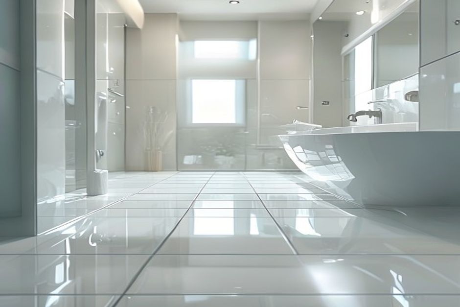 A gleaming, spotlessly clean tiled floor with bright clean grout lines