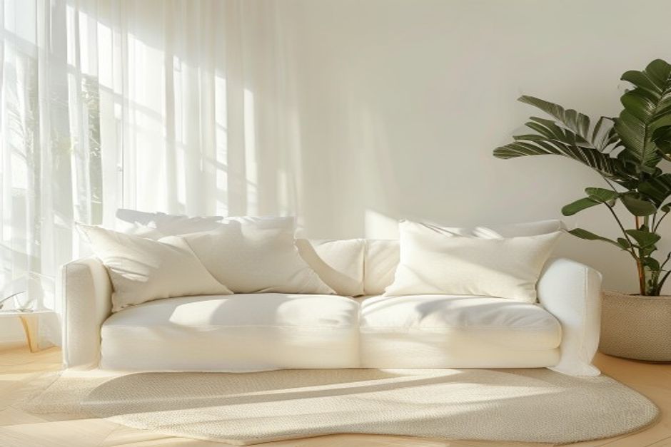 A fresh, spotless fabric sofa in a sunlit living room